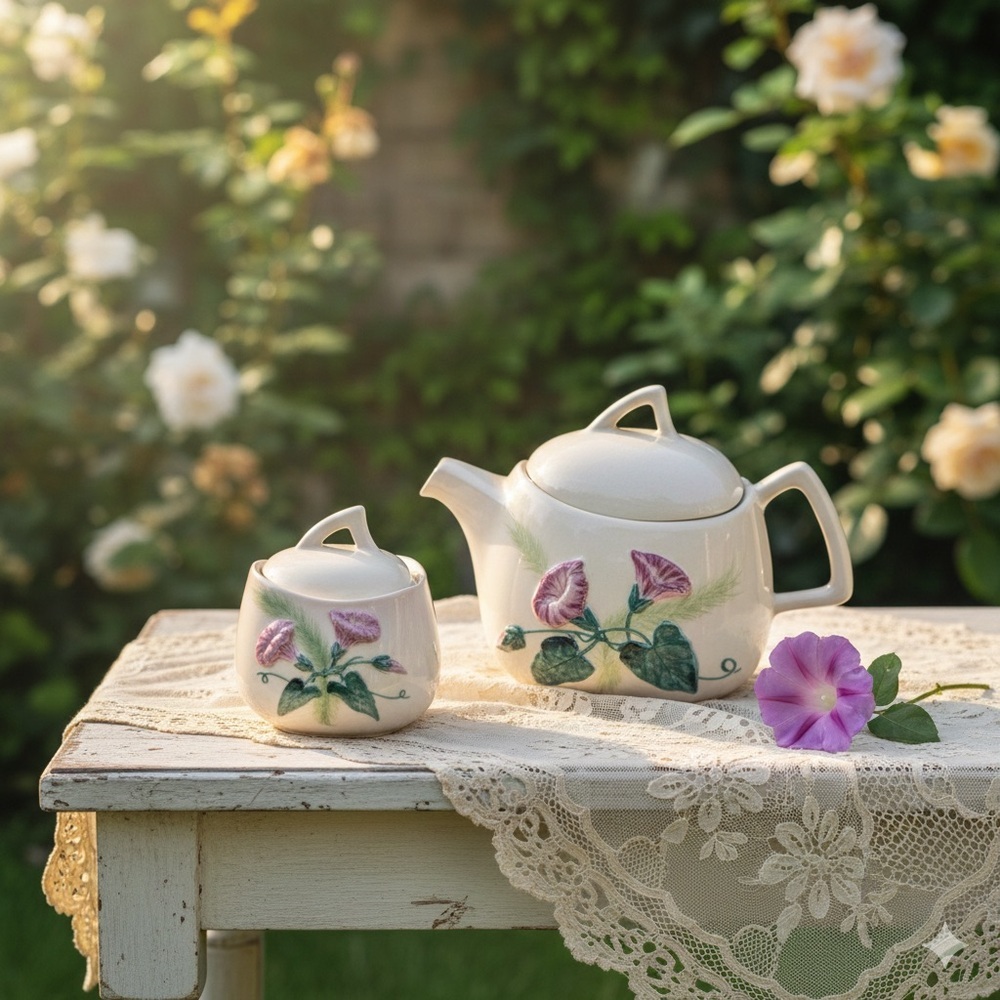 Vintage CARLTON WARE England Handpainted Morning Glory TEAPOT & SUGAR BOWL Set